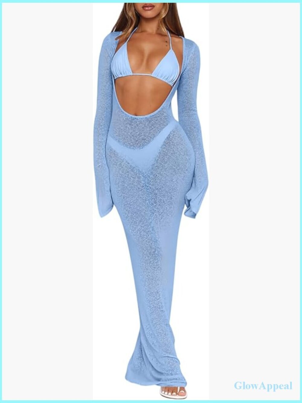 Women's 3 Piece Swimsuit Set Long Sleeve Sheer Cover Up with Triangle Bikini